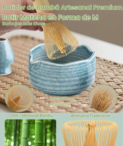 Vista 4 de JBER Juego de matcha con cuenco de cerámica de 17 onzas, batidor de bambú retro azul