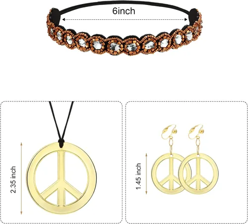 Vista 3 de Geyoga Conjunto de disfraz hippie de los años 70 para mujer, chaleco bohemio con flecos, pantalón acampanado, cárdigan, signo de la paz, aretes