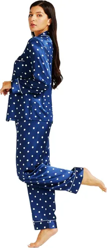 Vista 2 de Lonxu Conjunto de pijama de satén para mujer, con botones, largo XS-3XL