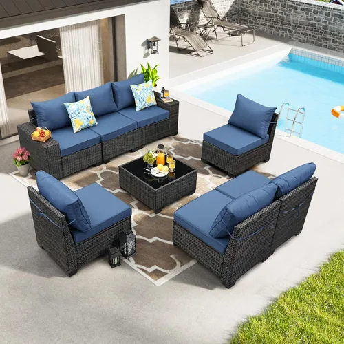 Vista 18 de JOYURE Juego de muebles de patio de 5 piezas, para todo tipo de clima, para exterior, sofá seccional de mimbre, sofá de ratán para patio con cojín