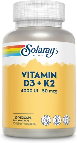 Vista 8 de Suplemento Solaray Vitamina D-3 y K-2, 60 cápsulas vegetarianas, 27784, 60, 1, 1