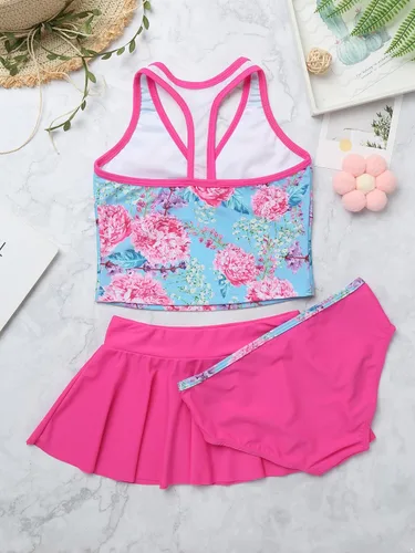 Vista 4 de Hularka Traje de baño tankini de 3 piezas para niños y niñas, parte superior cruzada con parte inferior y faldas para trajes de baño deportivos