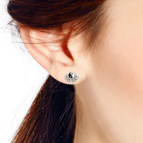 Vista 5 de Elegantes aretes de tuerca de plata de ley 925 con símbolo de Yin y Yang equilibrados en espiral, Esmalte