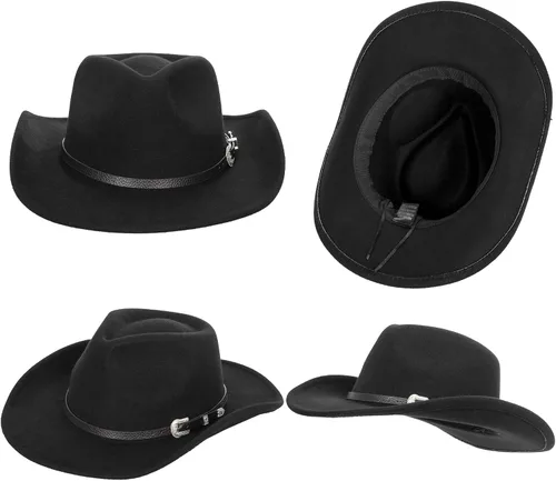 Vista 3 de Sombreros clásicos de vaquero occidental para mujer y hombre, diseño de banda de diamantes, sombrero de Rodeo Fedora-Jazz con cinturón, color negro