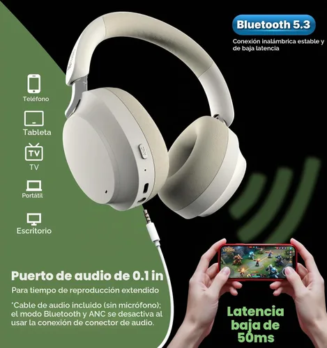 Vista 8 de Hmusic MS04 Auriculares Bluetooth con cancelación activa de ruido sobre la oreja 4-Mic Hybrid -40dB ANC Bluetooth Headset, 2-ENC Mic, 80H