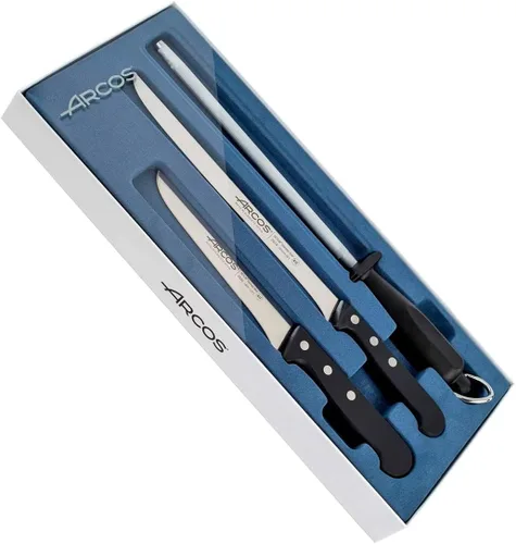 Vista 4 de Juego de cuchillos Arcos 5 piezas Nitrum de acero inoxidable. Mayor potencia de corte. Bloque de madera de pino. Mango ergonómico de polioximetileno