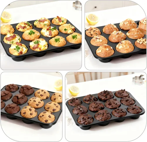 Vista 6 de Molde de silicona para muffins para hornear: Molde para muffins de 12 cavidades con marco reforzado de metal, moldes de tamaño regular para cupcakes