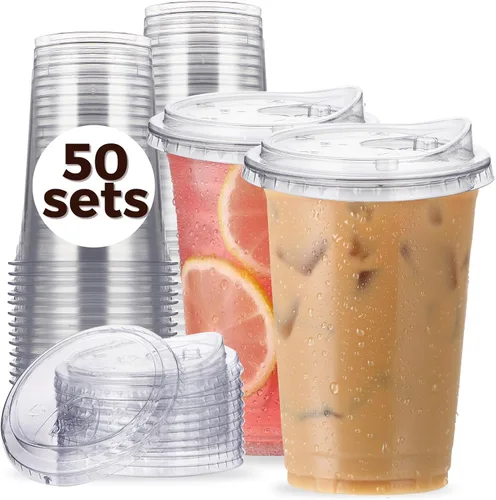 Vista 10 de Vasos de plástico transparente de 9 onzas con tapas para sorber sin pajita, 50 juegos de vasos desechables de plástico para café helado, vasos