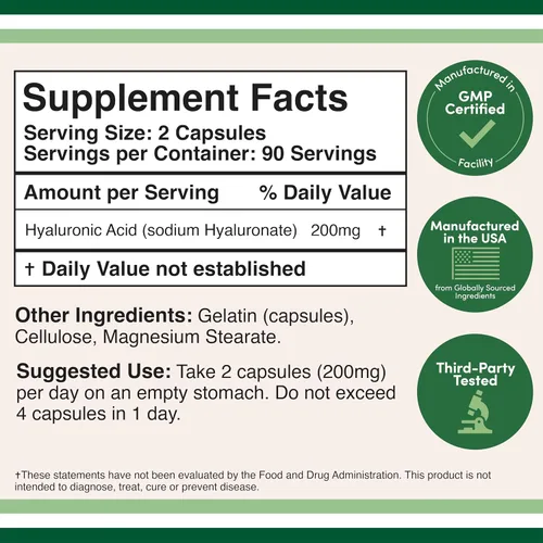 Vista 2 de Double Wood Supplements Ácido hialurónico, 180 cápsulas (100 mg por cápsula)