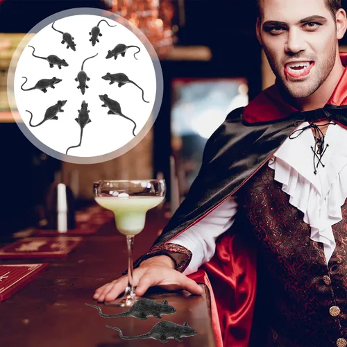 Vista 3 de Toyvian 10 ratas falsas de Halloween, ratas de plástico negras para casa encantada, bar, decoraciones de fiesta, suministros de Halloween aterradores
