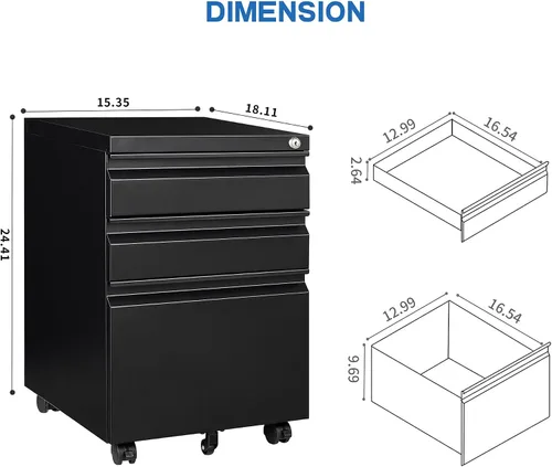 Vista 3 de Archivador móvil de metal, archivador de 3 cajones con cerradura y ruedas para oficina en casa, tamaño carta A4, gabinete de almacenamiento con Negro