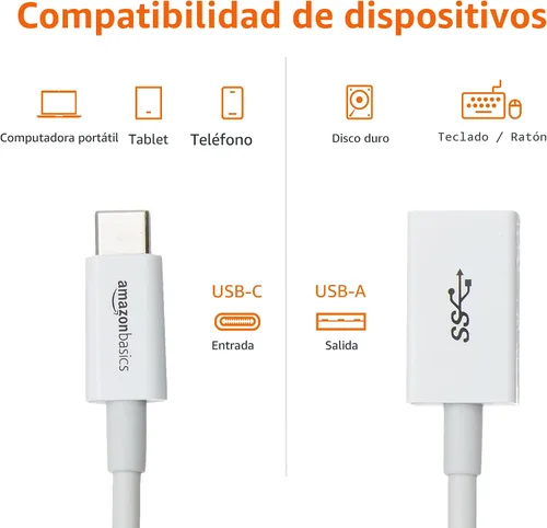 Vista 4 de Amazon Basics Convertidor de cable adaptador USB-C a USB-A 3.1 Gen1 hembra, 5 Gbps de alta velocidad, certificado USB-IF, para portátiles, tabletas