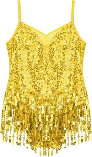 Vista 4 de Xnihocha Vestido de baile latino con borlas y lentejuelas brillantes para niñas y niñas, falda tutú, leotardo, moderno, disfraz de salón de jazz