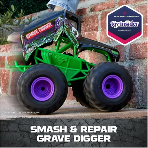 Vista 3 de Monster Jam, Vehículo oficial de Smash & Bash Grave Digger con control remoto para interiores y exteriores, camión monstruo reparable a escala 1:15