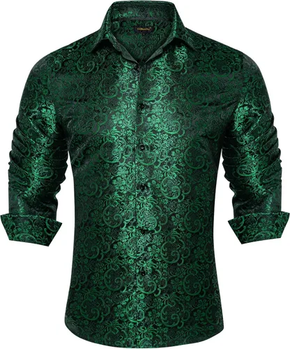 Vista 45 de DiBanGu Camisa de vestir de paisley de seda para hombre, formal, de manga larga, con cuello abotonado, camisas informales para fiesta de boda Negro