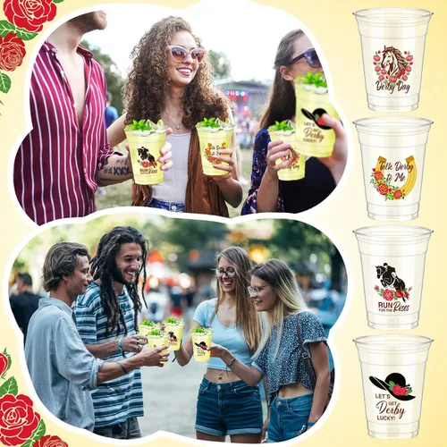 Vista 5 de Sliner 48 vasos de plástico desechables Derby a granel de 12 onzas transparentes para fiestas de carreras de caballos para beber vasos de plástico