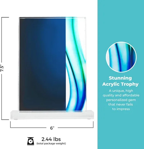 Vista 3 de Trofeo grabado – Acrílico azul – Forma rectangular – Acentos de rayas de colores – Grabado personalizado – Premio para empleados Logotipo