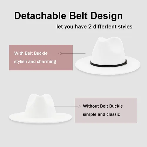 Vista 8 de Sombreros Fedora de ala ancha para mujeres y hombres, sombrero clásico de fieltro de Panamá para hombre, sombrero de vestir de dos tonos con hebilla