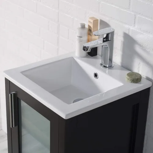 Vista 7 de Blossom Tocador de baño de madera maciza espresso de 16 pulgadas con fregadero, pequeño gabinete independiente con fregadero de cerámica y puerta
