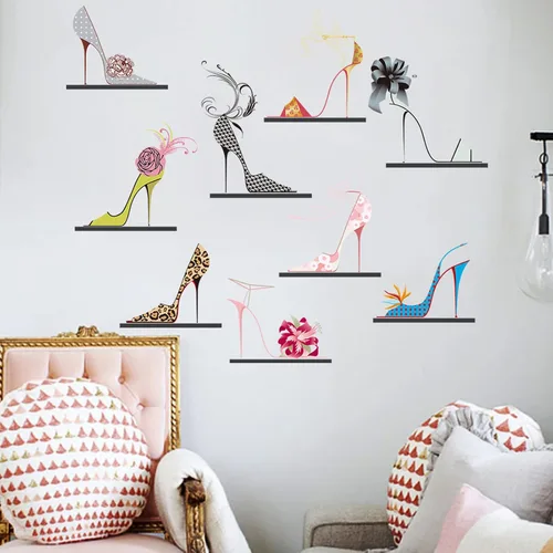 Vista 5 de Maydahui Calcomanías de pared de zapatos de tacón alto de colores modernos para mujer, zapatos de flores, tacones (32 x 30 pulgadas) para zapatos