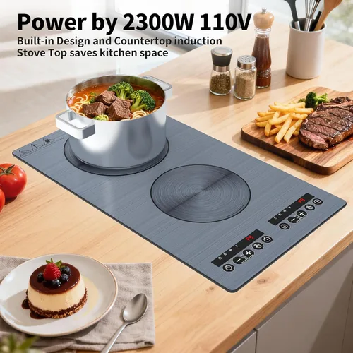 Vista 7 de VBGK Placa de cocción de inducción, placa caliente de doble quemador de 110 V 2300 W con control táctil LED, 9 niveles de potencia, bloqueo