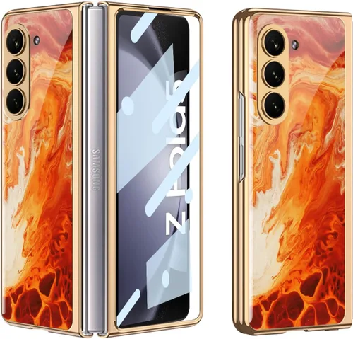 Vista 9 de Funda para Galaxy Z Fold 5, elegante marco galvanizado con vidrio estampado, protector de pantalla integrado compatible con Samsung Galaxy Z Fold 5