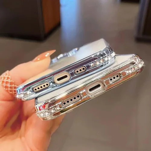 Vista 5 de Changjia Funda transparente con purpurina para iPhone 15 Pro, diamantes de imitación brillantes de lujo con protector de cámara, revestimiento
