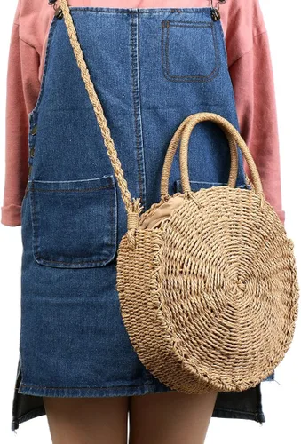 Vista 7 de Bolso cruzado de paja para mujer, con asa superior de verano, redondo, tejido a la moda