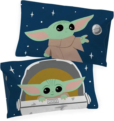 Vista 4 de Star Wars Mandalorian Grogu Baby Yoda - Funda de almohada reversible para niños, color azul 20 x 30 pulgadas, producto oficial, microfibra suave