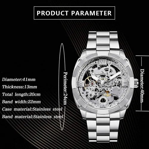 Vista 3 de Reloj esqueleto de pulsera automático estilo steampunk, manecillas luminosas de tono dorado, correa de cuero, 40mm, Plateado plateado