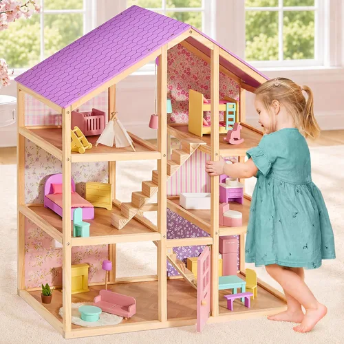 Vista 9 de Tiny Land - Casa de muñecas de madera para niñas - Casa de muñecas de madera de 6 habitaciones
