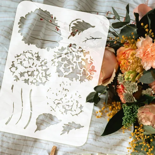 Vista 4 de FINGERINSPIRE Plantilla de pintura con patrón de hortensias en capas, plantilla de dibujo de flores de hortensias de 8.3 x 11.7 pulgadas, plantilla