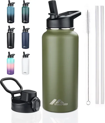 Vista 14 de StarSpeed Botella de agua aislada de 32 onzas con tapa con pajilla, botella de agua al vacío de doble pared de acero inoxidable, botella de agua