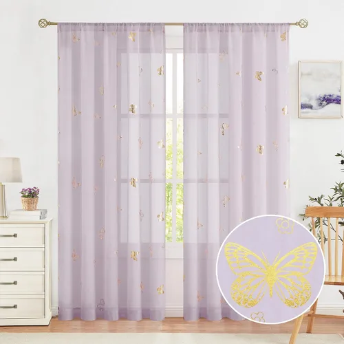Vista 29 de Jubilantex Paneles de cortinas transparentes de mariposas negras y doradas de 52 pulgadas de ancho para dormitorio de niñas, elegantes cortinas