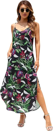 Vista 3 de Huskary - Vestido de verano para mujer, casual, sin mangas, cuello en V, con tirantes delgados, abertura, holgado, salida de baño para la playa