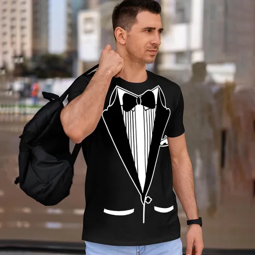 Vista 4 de fresh tees Camisa de esmoquin unisex Camiseta clásica de humor de fiesta Esmoquin con pajarita y bolsillos Camiseta divertida para hombres