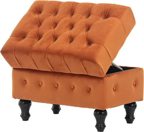 Vista 5 de Mesa de Centro Otomana de Almacenamiento Rectangular, Reposapiés Otomana de Dormitorio con Tapicería de Terciopelo Abotonado Capitoné para Sala