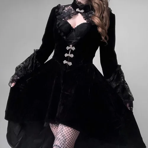 Vista 2 de Vestido gótico sexy para mujer, disfraz de noche de discoteca, cuello hueco, vestido de manga larga, vestido de encaje con dobladillo alto y bajo