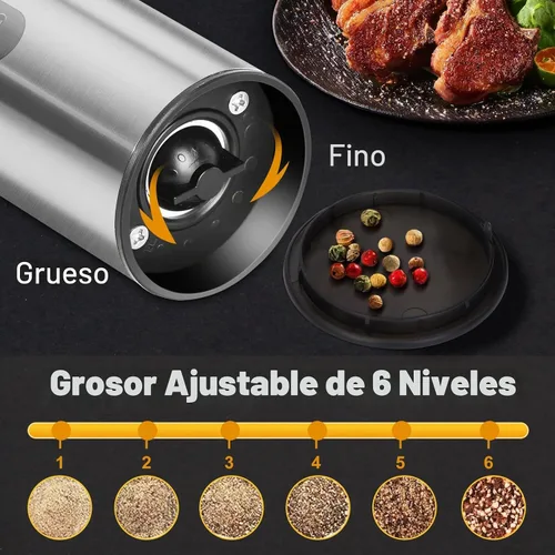 Vista 3 de Enutogo Juego de molinillo de sal y pimienta, salero eléctrico con grosor ajustable, molinillo de sal automático, molinillo de sal recargable