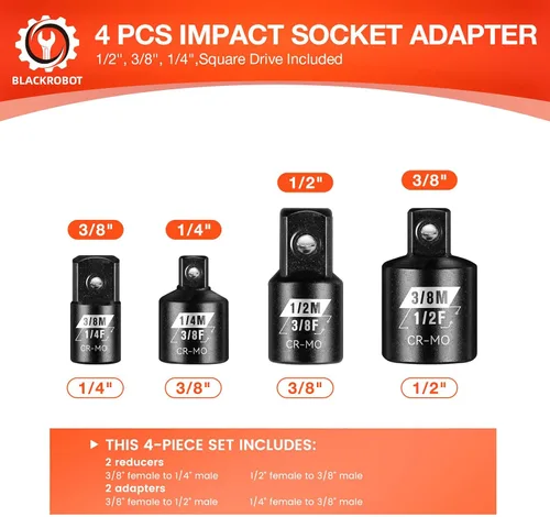 Vista 2 de BLACKROBOT Juego de 4 adaptadores de enchufe de impacto, 1/4" 3/8" 1/2" juego de adaptadores de enchufe de accionamiento SAE, juego de conversión