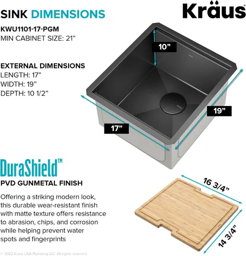 Vista 5 de KRAUS Kore KWU1101-17-PGM - Fregadero de cocina con estación de trabajo de 17 pulgadas con cuenco individual en PVD, de acero inoxidable de calibre