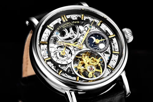 Vista 2 de Stuhrling Original Reloj automático para hombre, caja plateada, bisel plateado, correa de cuero genuino en relieve de cocodrilo