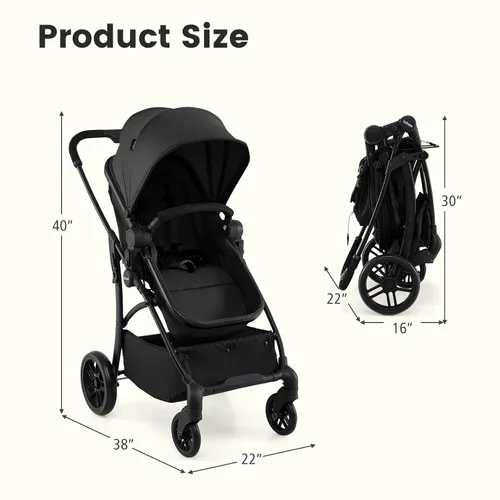 Vista 9 de INFANS Cochecito de bebé 2 en 1, cochecito convertible con moisés, asiento reversible, respaldo ajustable, plegable con una mano, cochecito compacto
