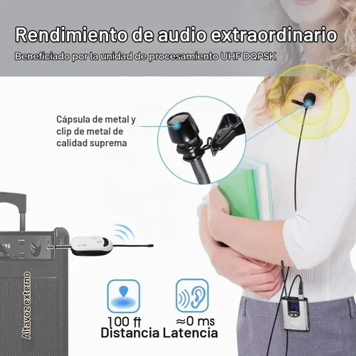 Vista 3 de Alvoxcon Sistema de Micrófono Inalámbrico de Diadema Lavalier Sistema de Micrófono Inalámbrico de Solapa Ideal para iPhone, Cámara DSLR, Altavoz PA