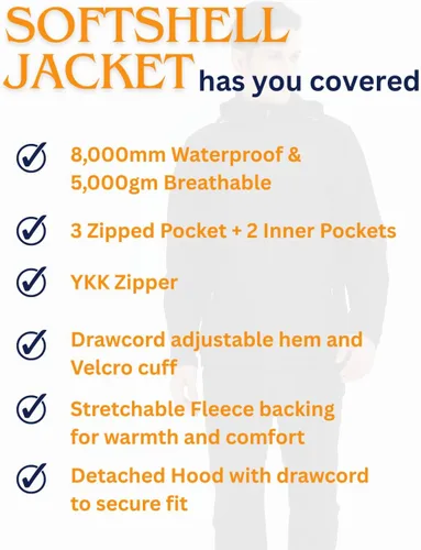 Vista 2 de Acmelogy Chaqueta Softshell con forro polar para hombre con capucha desmontable, impermeable, transpirable, 314.961 in5000gm, cremallera YKK