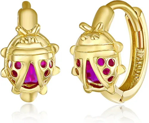 Vista 2 de Aretes de aro de mariquita de oro amarillo real de 14 k, Oro de 14 quilates, No es una piedra preciosa