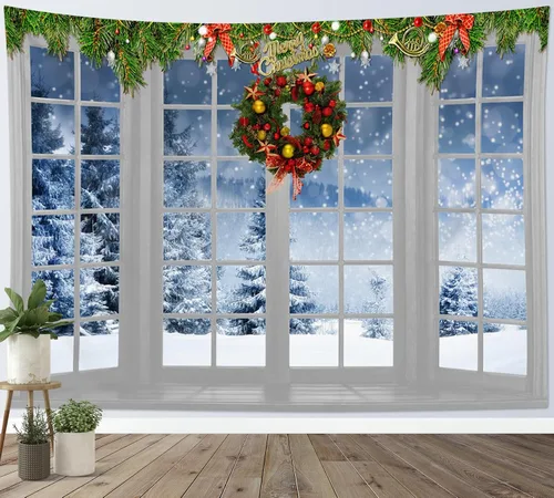 Vista 3 de HVEST Tapiz navideño de invierno para colgar en la pared, bosque de pinos nevados con copo de nieve a través de ventana, tapiz de corona de Navidad