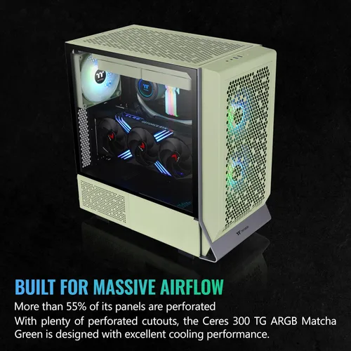 Vista 8 de Thermaltake Ceres 300 Matcha Green Mid Tower E-ATX carcasa para computadora con panel lateral de vidrio templado; 2 ventiladores CT140 ARGB