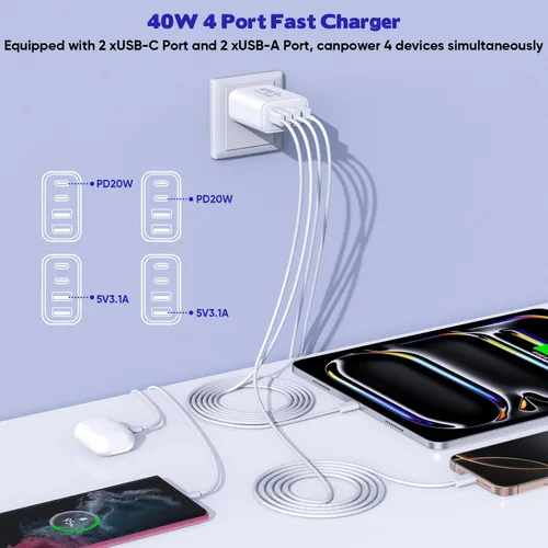 Vista 3 de 2 unidades de cable trenzado iPhone 17/16/15 Pro Max USB C a C, cargador Apple tipo C de 40 W PD de 4 puertos con enchufe de pared y cable trenzado