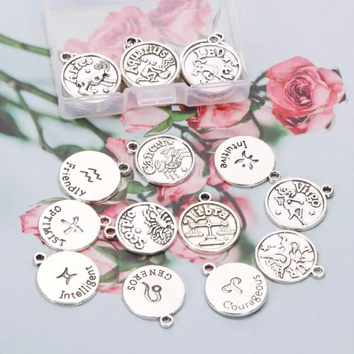 Vista 3 de Tupalizy 24 dijes de signo del zodiaco a granel para collares, pulseras, llaveros, aretes, gargantillas vintage redondas, 12 colgantes